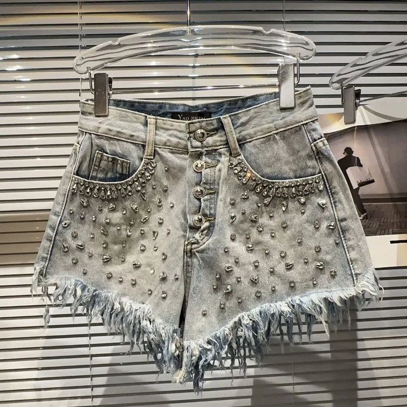 Matakawa Denim Shorts Mujer Beading Diamonds Tassels Spring Summer Women Pants Streetwear Solid Korean Fashion Pantalones Cortos