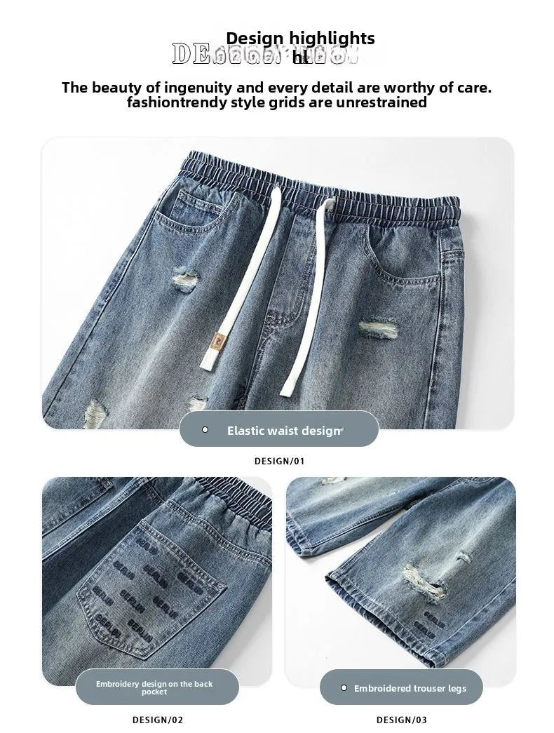 Casual Cargo Denim Shorts Men Elastic Waist Straight Comfortable Light Color Soft Short Pants Baggy Wide Bermuda Male Y2k Jeans