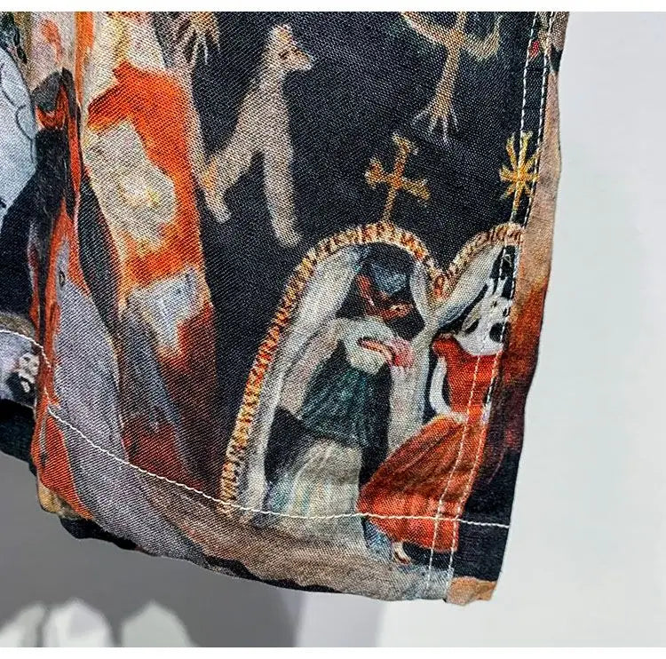 Printed Men Short Sleeved Linen Top Japanese Retro Summer Open Top Shirt