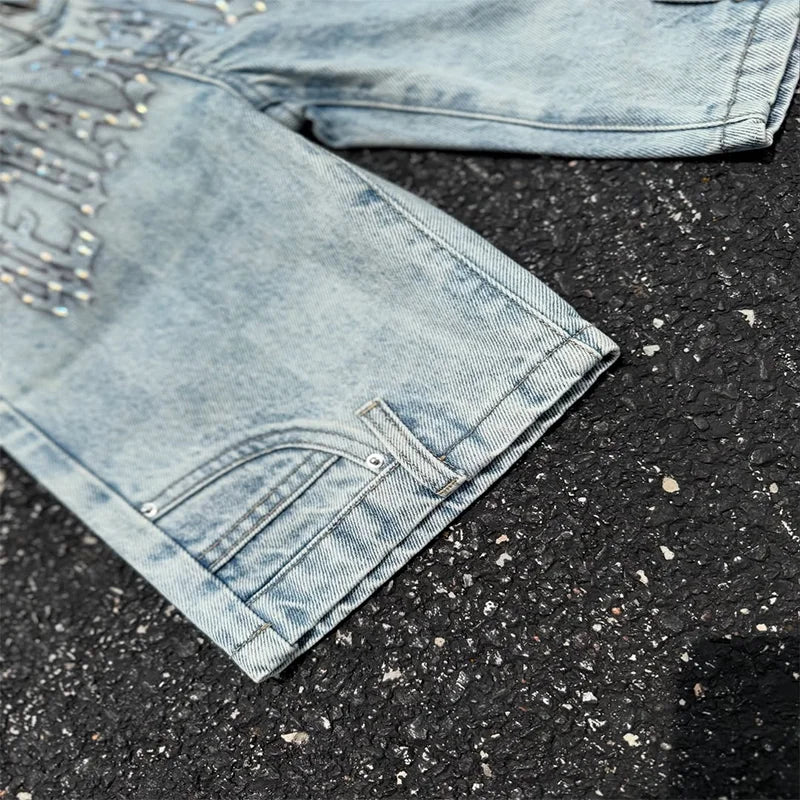 Summer Fashion Diamond Studded Light Blue High Waist Slimming Denim Shorts Y2K Hip Hop Gothic Women Casual Trend Streetwear New