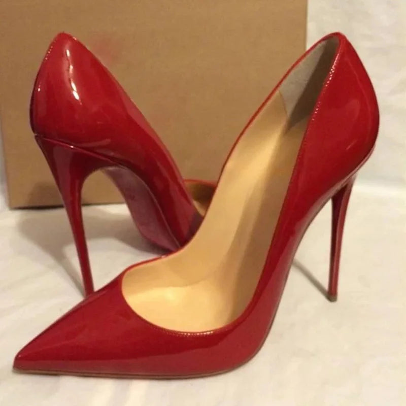 Veowalk Women Glossy Black Patent 12cm Pointy Toe Shallow Stiletto Pumps Classic Elegant OL Ladies Slip on High Heel Dress Shoes