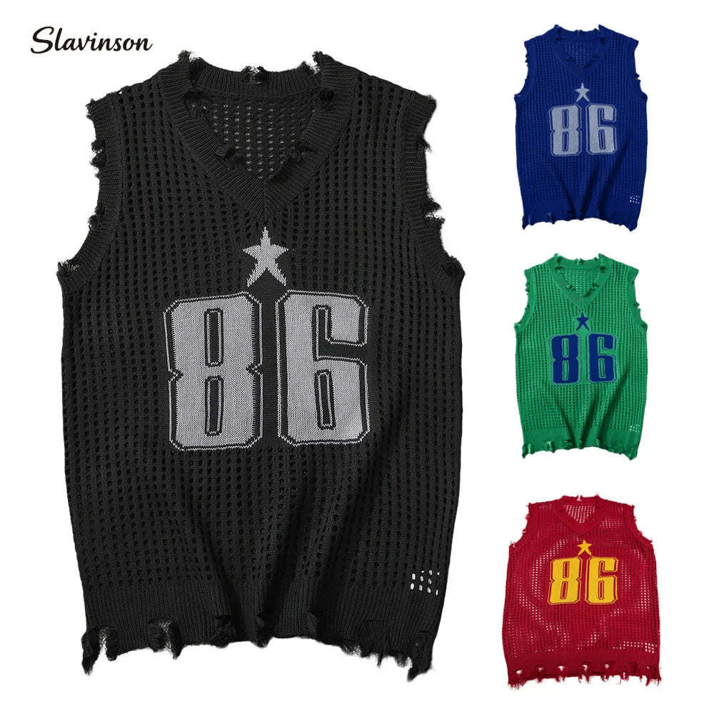 Slavinson Men's Vest Summer Fashion Knitted Letter Pattern Mesh Sleeveless Vest Casual Breathable Knit Soft Vest Top Men US Size