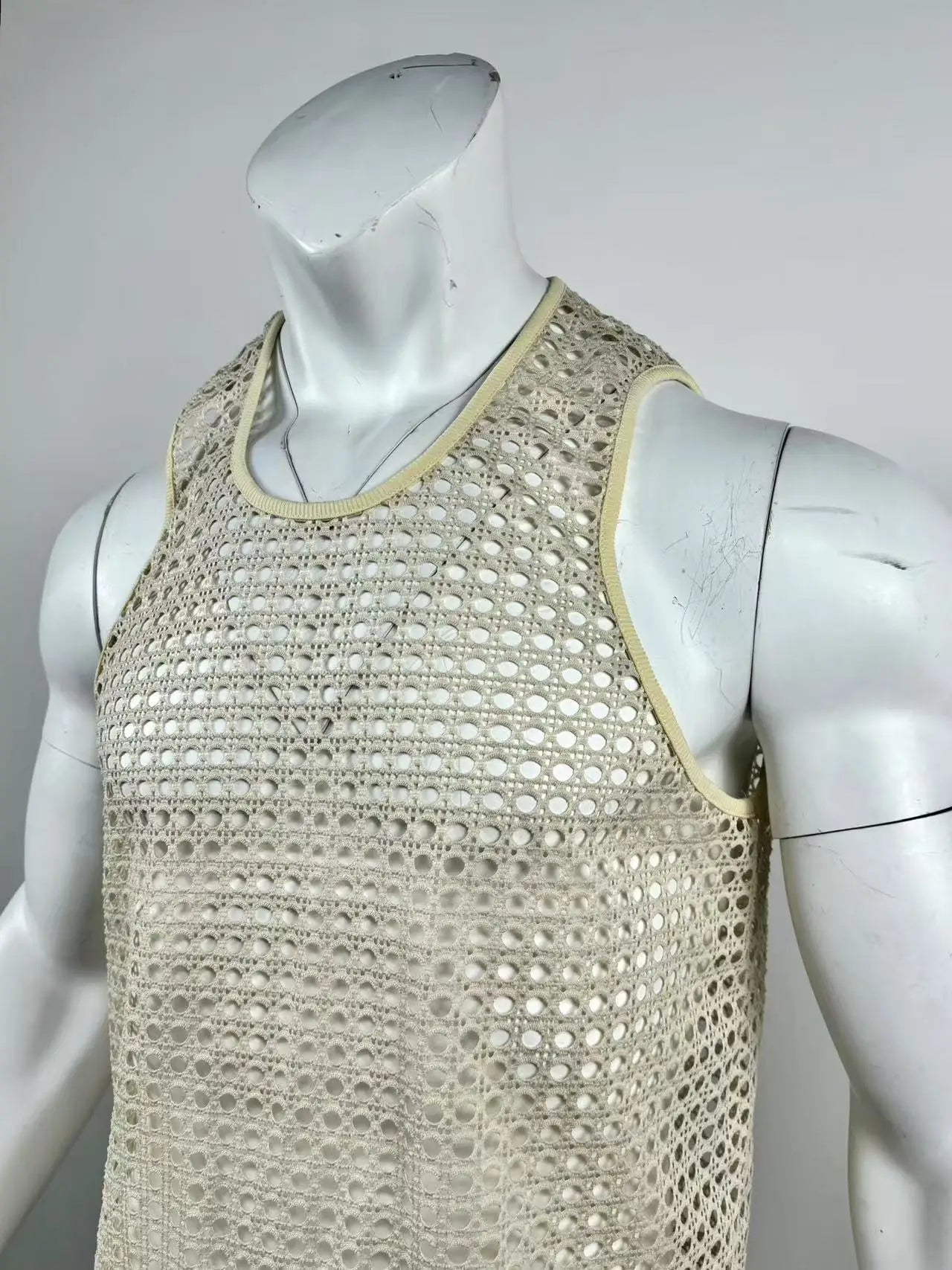 Summer Hollow Out Fitness Sports Sleeveless T-Shirt Muscle Men's Mesh See Through Sexy Knitted Vest