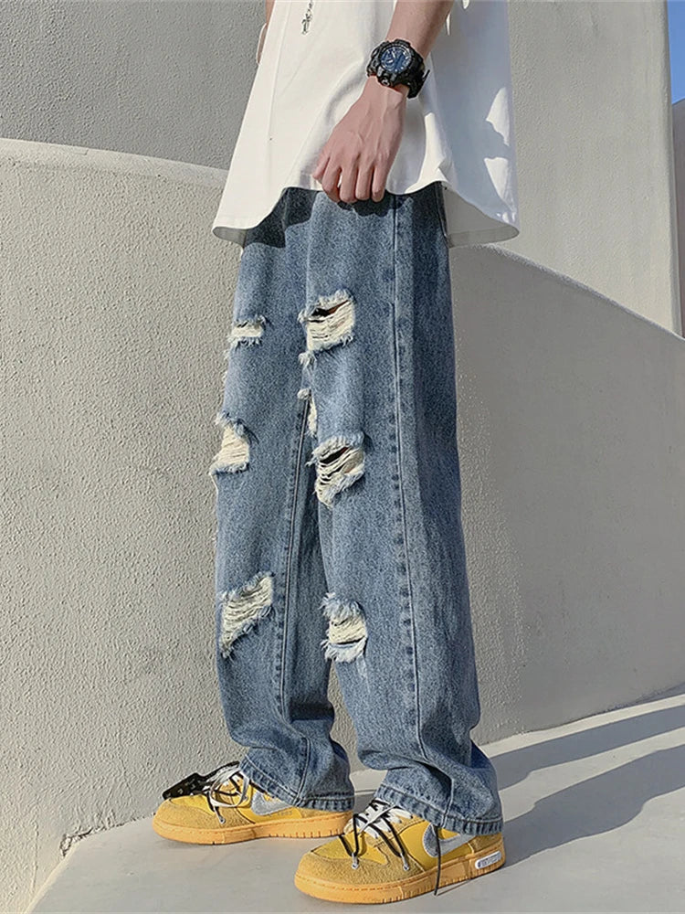 Summer Blue Black Ripped Jeans Men Fashion Casual Wide Leg Jeans Mens Streetwear Loose Hip Hop Straight Hole Denim Pants Men