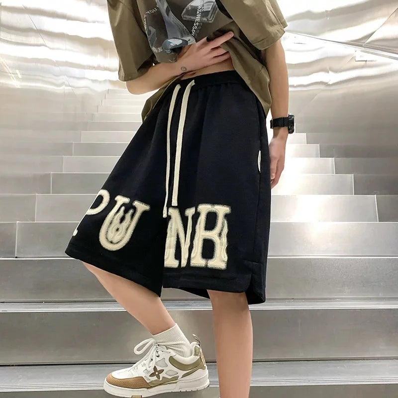 Fashion Letter Printing Drawstring Shorts Men's Summer New Sports Pants Trendy Brand Loose American Casual Five-point Pants