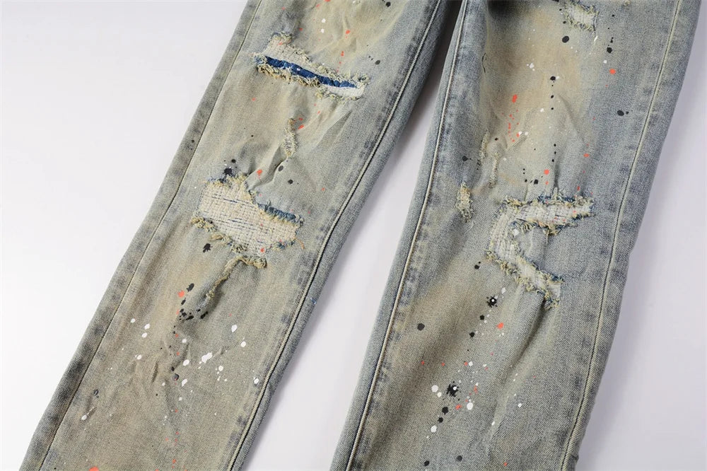New jeans Men Fashion  Americans High Street Retro Wash Distressed Graffiti Ripped Hole Patch Stretch Skinny Jeans Brand pants