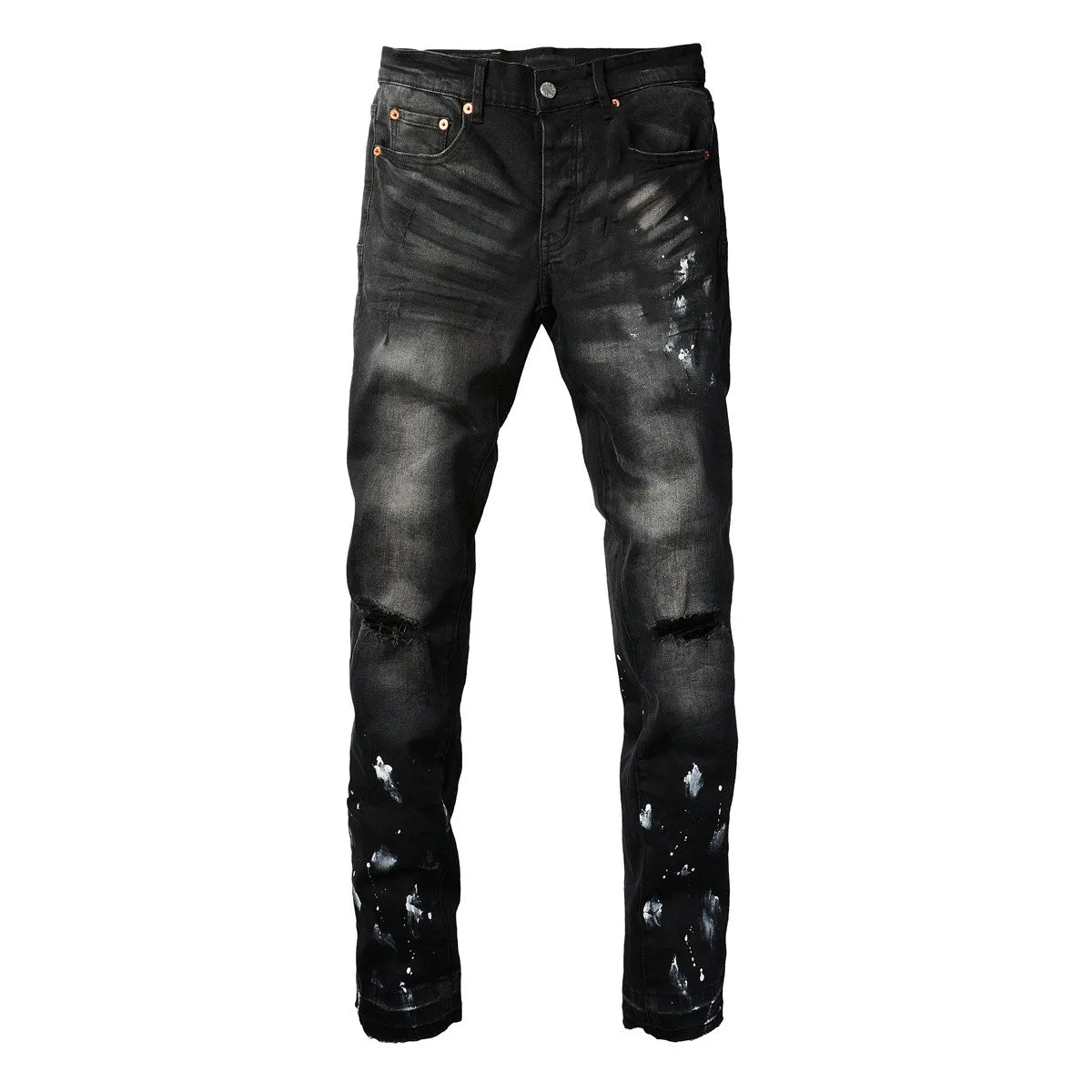 New Jeans Men Fashion Trend Daily Casual Black Paint Hole Straight Leg Pants Hip Hop Elastic Skinny Ripped jeans Brand pants