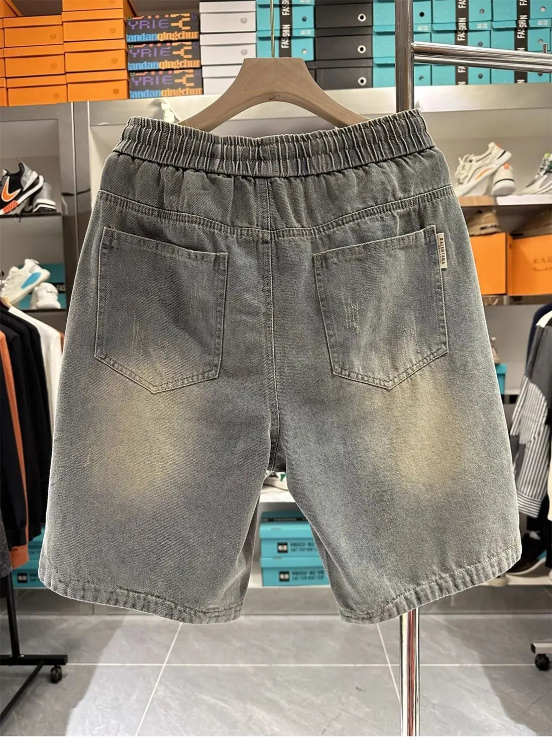 Men's Ripped Denim Shorts American High Street Loose Straight Washed Old Retro Versatile Casual Five-point Pants Jorts Man