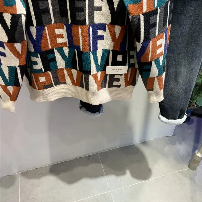 2023 New Autumn and Winter Men Fashion Letter Jacquard Pullover Knitted Sweater Trendy Contrasting Color Design Sweater