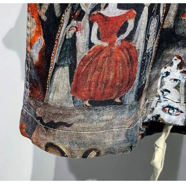 Printed Men Short Sleeved Linen Top Japanese Retro Summer Open Top Shirt