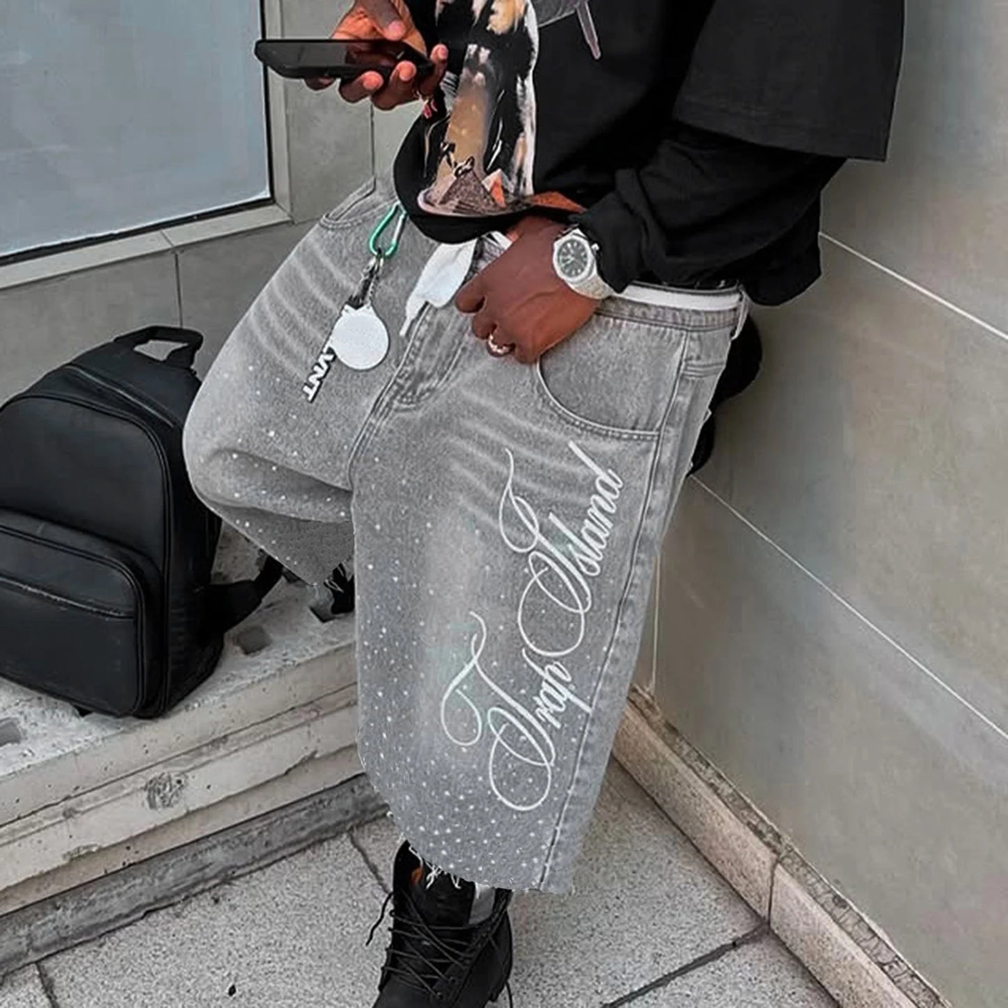 Men Knee Length Denim Shorts Embroidered Rhinestone Jeans Shorts For Beach Vacation Summer Daily Wear Outdoor Streetwear