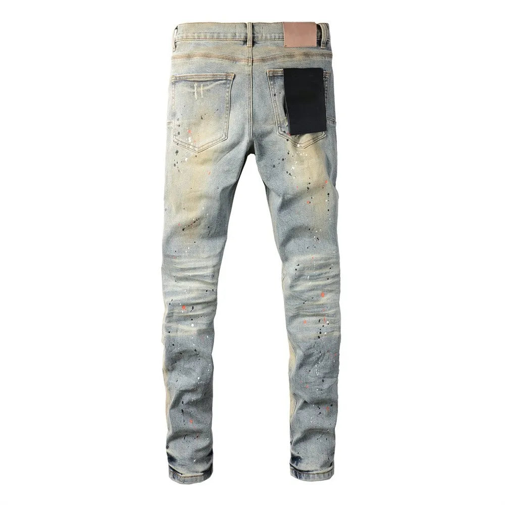 New jeans Men Fashion  Americans High Street Retro Wash Distressed Graffiti Ripped Hole Patch Stretch Skinny Jeans Brand pants