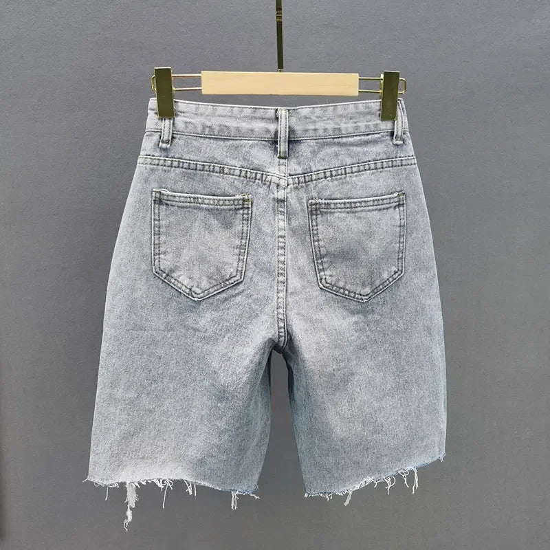 2023 Summer New Diamond Ripped High Waist Loose Light Blue Ins Trendy Women Fifth Jeans