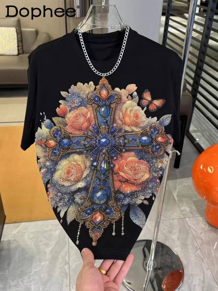 2025 Spring New Loose Chic Tees Round Neck Short Sleeve Hot Diamond T-Shirts Men's Fashion Versatile Casual Quality Trendy Tops