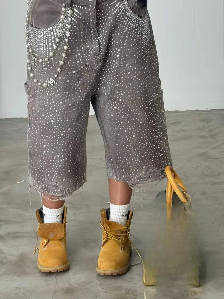 New Streetwear Twinkle Diamond Rivet Denim Shorts Harajuku Goth Retro Washed Brown Shorts High Waist Pants Mens Womens Clothing