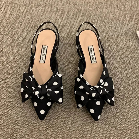 Summer Women's Pumps Fashion Shallow Bowknot Slingbacks Pumps Black and White Plaid Polka Dots Heels Slip-on Low Heels Sandals