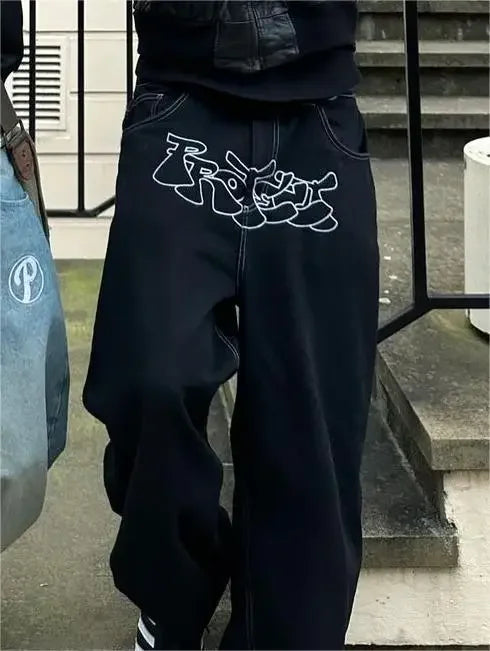 New Low Waist Retro Alien Embroidery Women Jeans 2023 Fashion Baggy Straight Leg Pants Y2k Denim Trousers Casual Washed Jeans