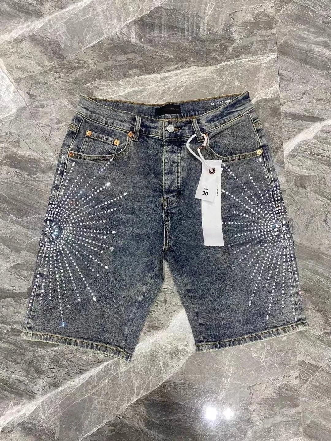 Denim Shorts Mens Women with Stunning Rhinestone Sunburst Design High Quality Casual Summer Shorts Available in Blue and Gray