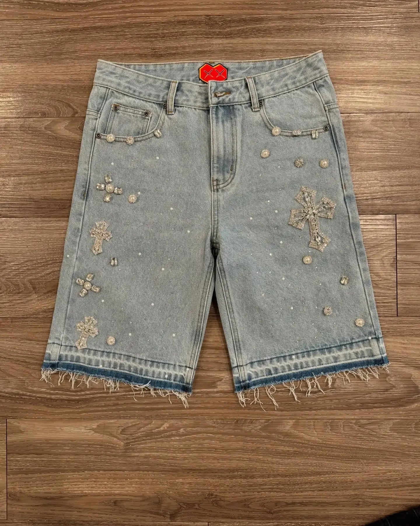 Embroidered denim shorts retro blue casual pants Y2K gothic high street trend diamond cross pattern street clothing hip hop men
