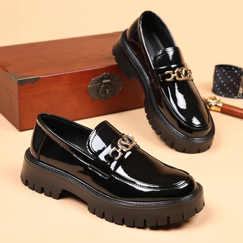 STRONGSHEN Men Leather Shoes Platform Loafers Thick-soled Patent Leather Wedding Shoes Formal Business Shoes Slip-on Casual Shoe