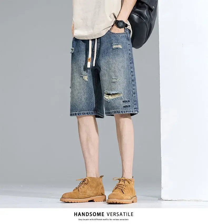 Casual Cargo Denim Shorts Men Elastic Waist Straight Comfortable Light Color Soft Short Pants Baggy Wide Bermuda Male Y2k Jeans