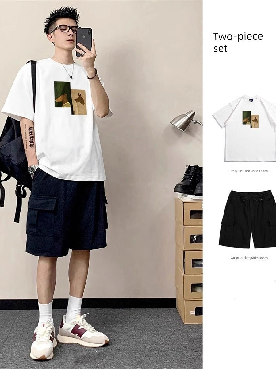 Print round Neck Pure Cotton T-shirt Men's Suit Summer Menswear a Set of Matching Parka Shorts Fashion Short Sleeve T-shirt
