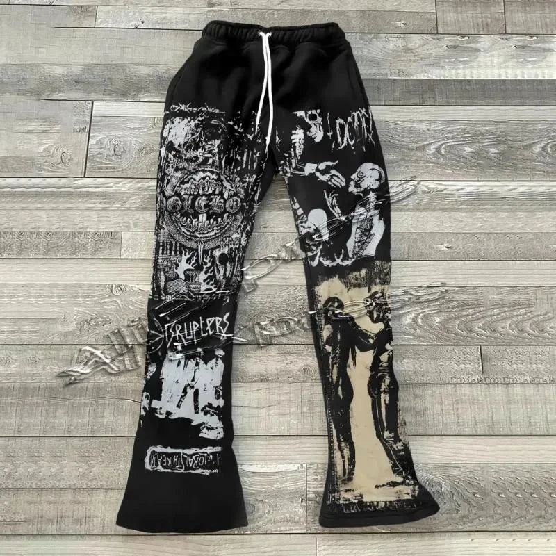 Men's Pants Y2k Flared Hip Hop Men Loose 3D Print Trousers Casual Sweatpants Mid Waist Sporty Female Streetwear Vintage moto
