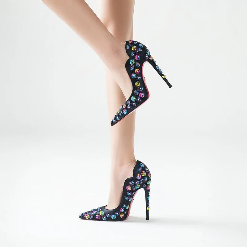 2025 Spring New High Heels Women's Embroidered Beaded Black Sexy Queen's Heel 10-12cm Pointed