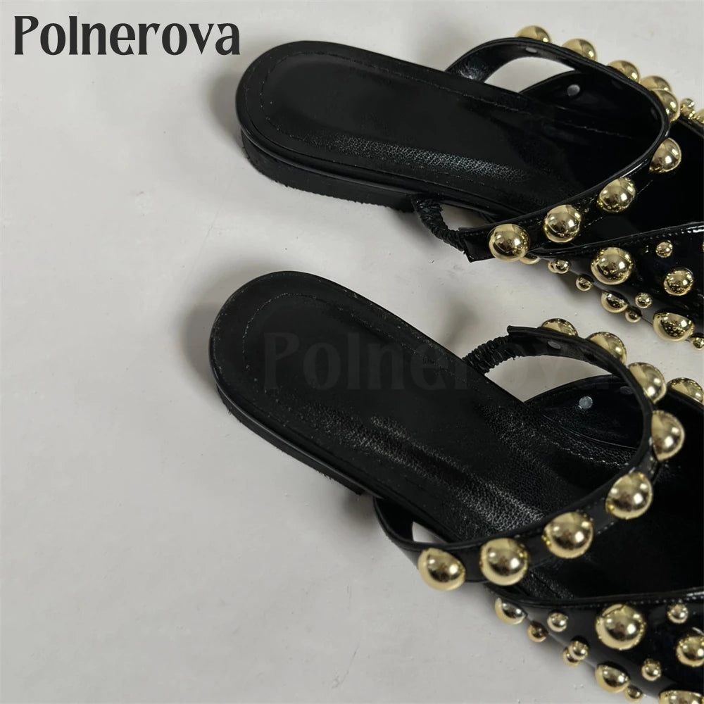 Metallic Beaded Pointed Toe Slippers Sexy Fashion Flat Slippers Custom Color Black Patent Leather Accessories Slip on Shoes New