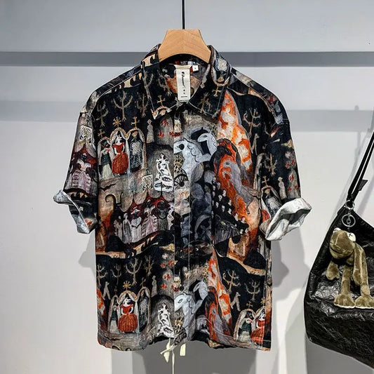 Printed Men Short Sleeved Linen Top Japanese Retro Summer Open Top Shirt