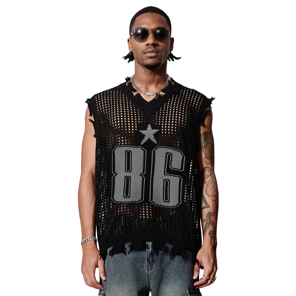 Men's Vest Summer Fashion Knitted Letter Pattern Mesh Sleeveless Vest Casual Breathable Knit Soft Vest Top Men US Size