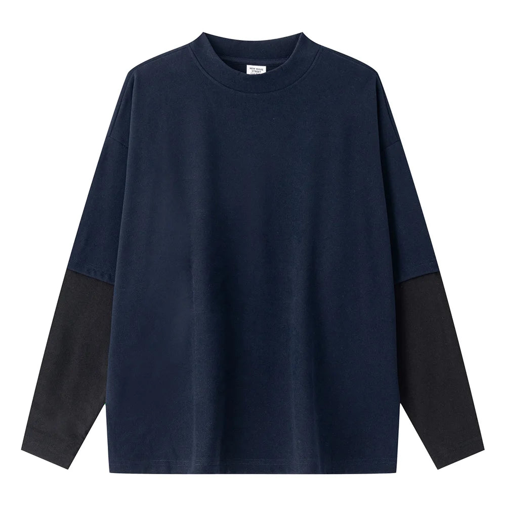 2025 Autumn Man Fake 2 Pieces 320gsm Sweatshirt Unisex Oversized Contrast Color Long Sleeve T Shirts Y2K Clothing