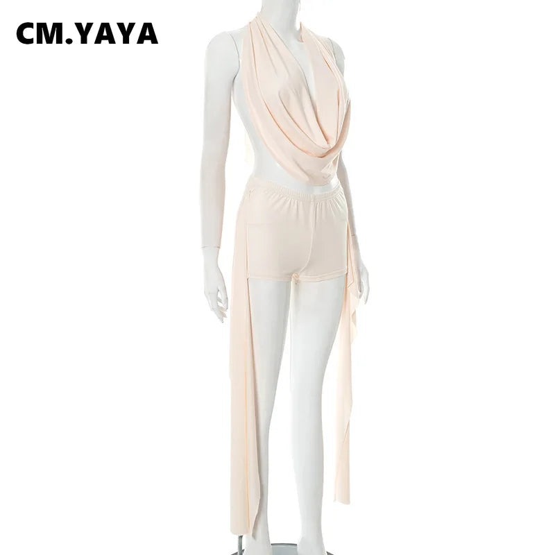 CM.YAYA Women's Set Backless Sleeveless Halter Tops and Ribbon Shorts 2025 Summer Sexy Party Street Two 2 Piece Sets Outfits