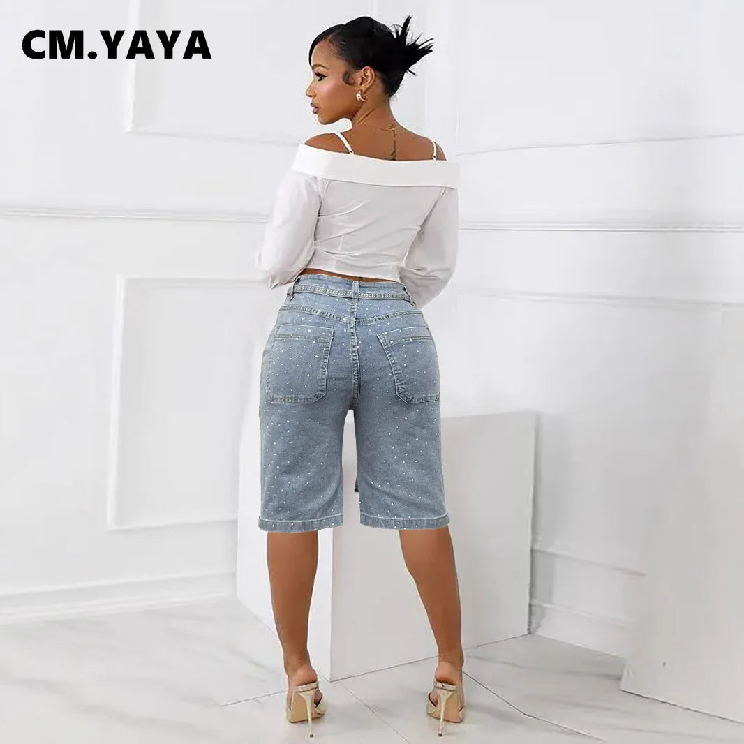 CM.YAYA Women Rhinestones Straight Washed Denim Knee Length Cargo Pants 2025 Summer Belt Pocket Street Casual Jeans Trousers