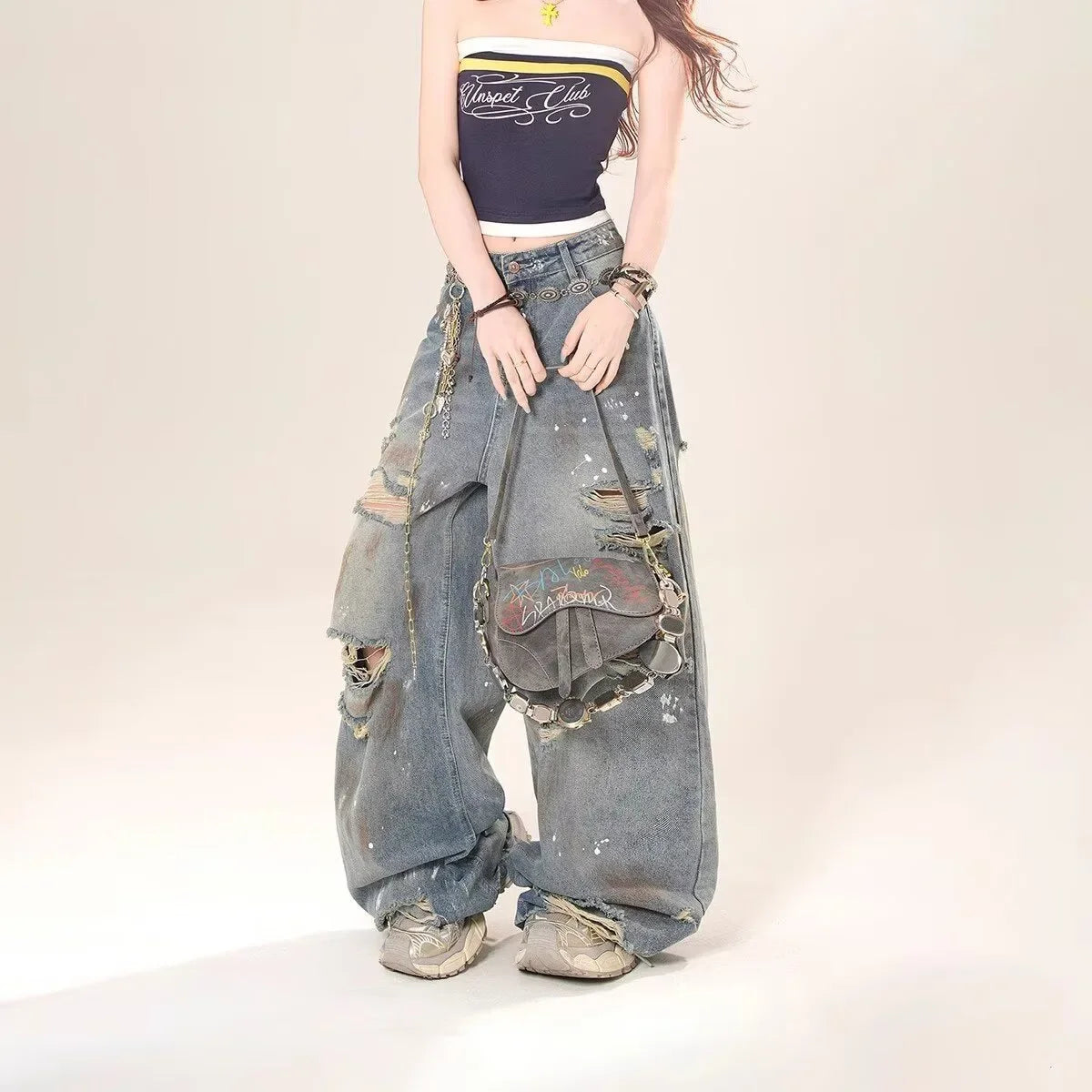 Washed Vintage Hole Denim Jeans Loose Straight High Waist Women's Spring Autumn New Style Street Fashion Long Trousers