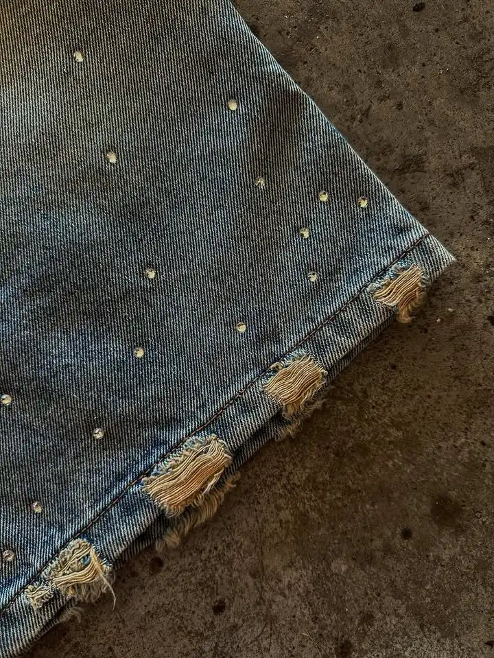 American Retro Sequined Rhinestone Denim Shorts Y2K Jeans Mens Pocket Embroidery Ribbon Washed Baggy Shorts Over The Knee Pants