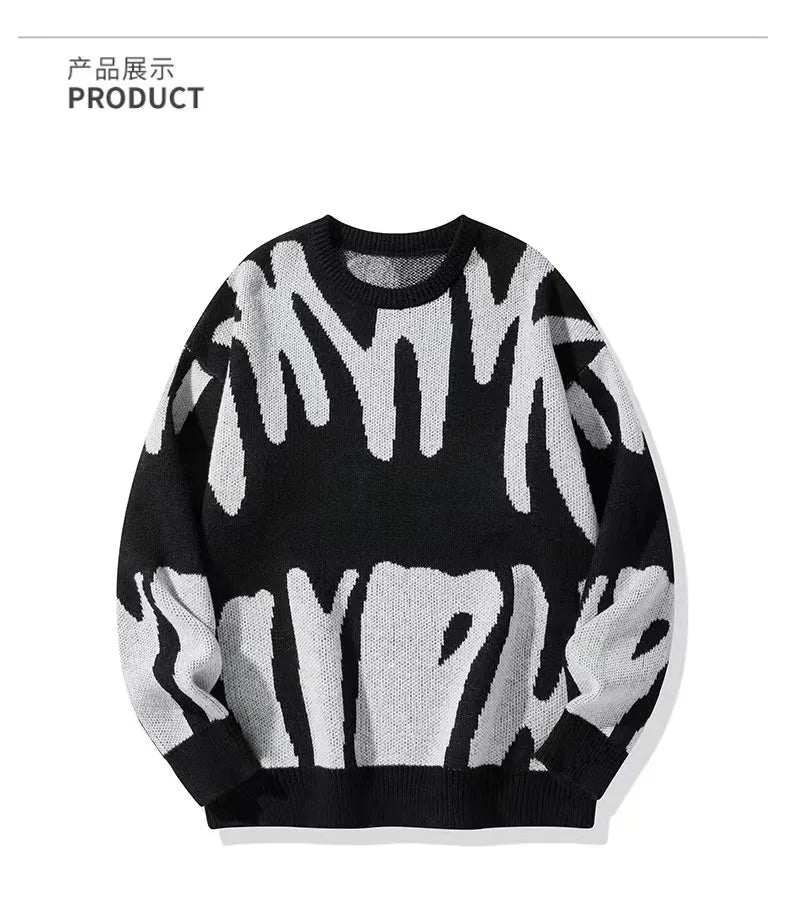 Men's autumn and winter new tide round neck sweater black and white stitching plus size sweater sweater