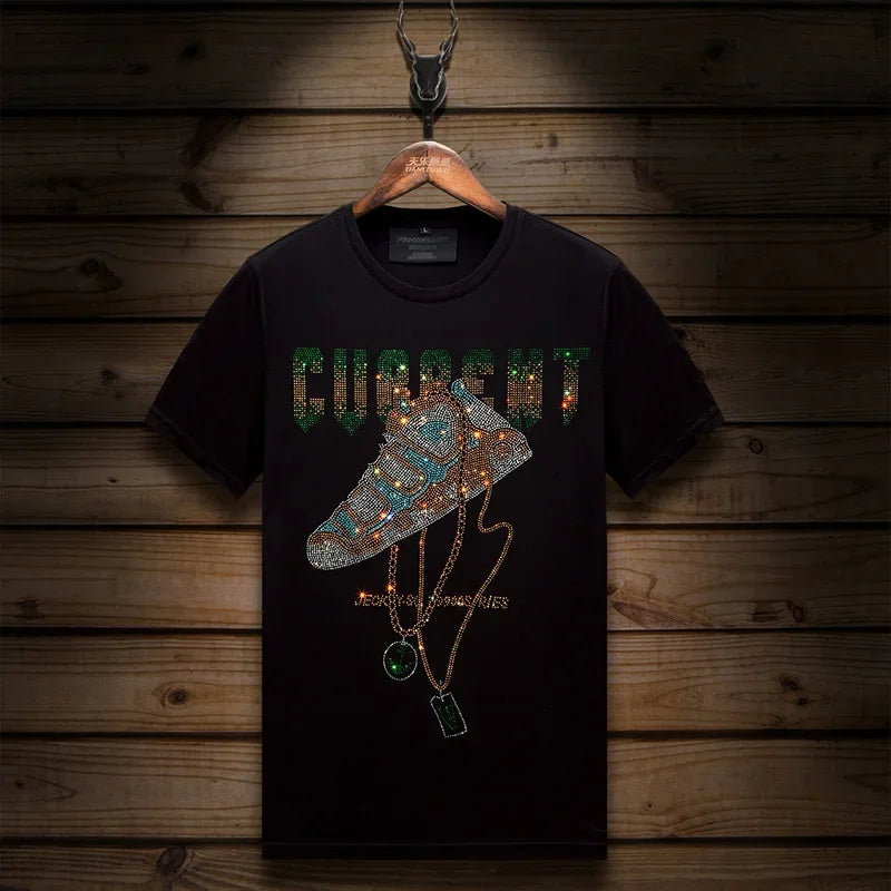 2025 Summer Mens T Shirts Fashion Clothing Shoes Rhinestones O Neck Short Sleeve Slim Casual T-shirts for Men Camiseta Hombre