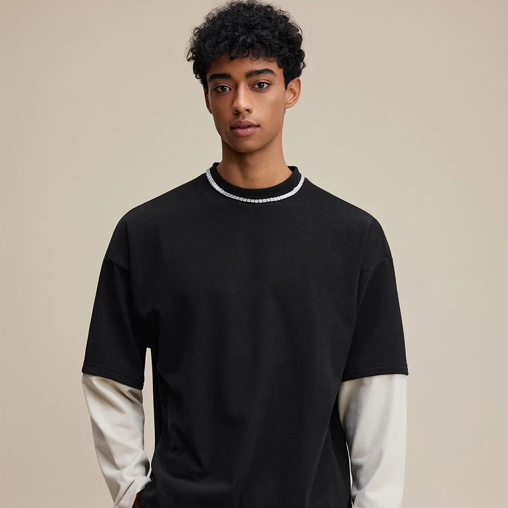 2025 Autumn Man Fake 2 Pieces 320gsm Sweatshirt Unisex Oversized Contrast Color Long Sleeve T Shirts Y2K Clothing