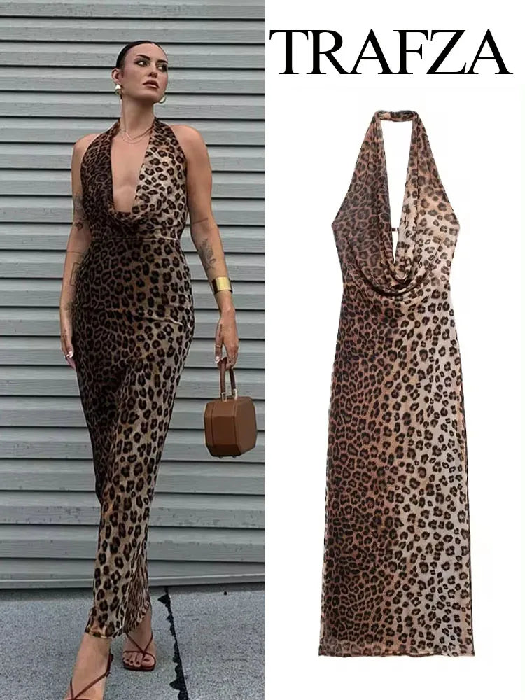 TRAFZA Female Chic Elegant Off Shoulder Folds Hanging Neck Long Dress Woman Solid Sleeveless Backless Evening Party Dresses