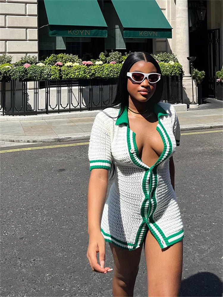 InGrily O-Neck Crochet Women Dress Single-Breasted Shorts Sleeve Green Edge Peach Hip Thin Tight Bodycon Streetwear Hipsters