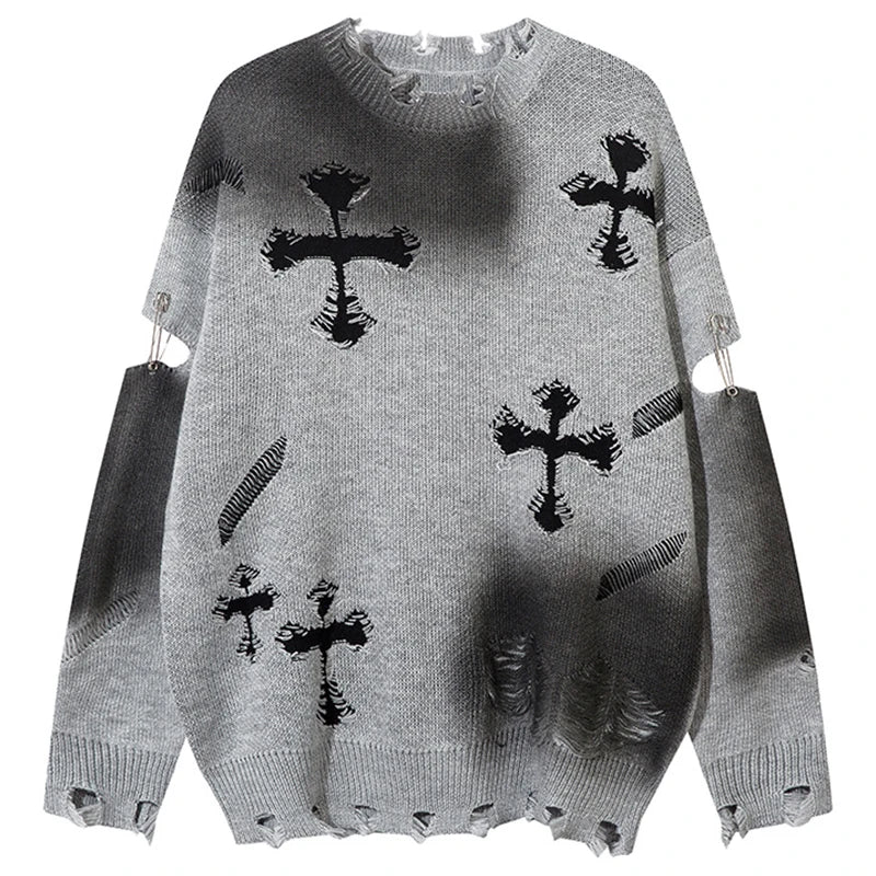 Loose Men's Knitted Sweater Cross Hook Flower Oversize Crew Ne Long Sve Casual Comfortable ROMECL Chinese Trendy Sle