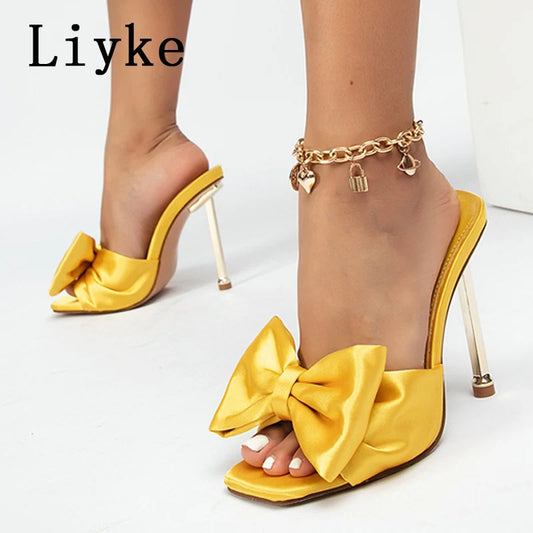 Liyke Fashion Yellow Green Silk Butterfly-Knot Women Slippers Mule High Heels Gladiator Sandals Flip Flop Square Toe Party Shoes