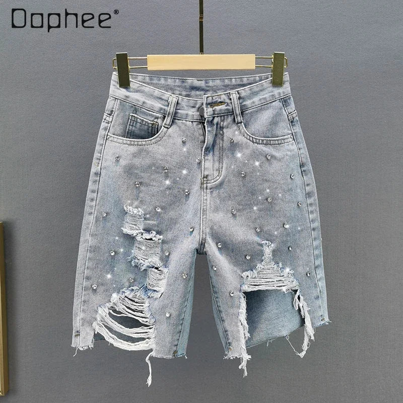 2023 Summer New Diamond Ripped High Waist Loose Light Blue Ins Trendy Women Fifth Jeans