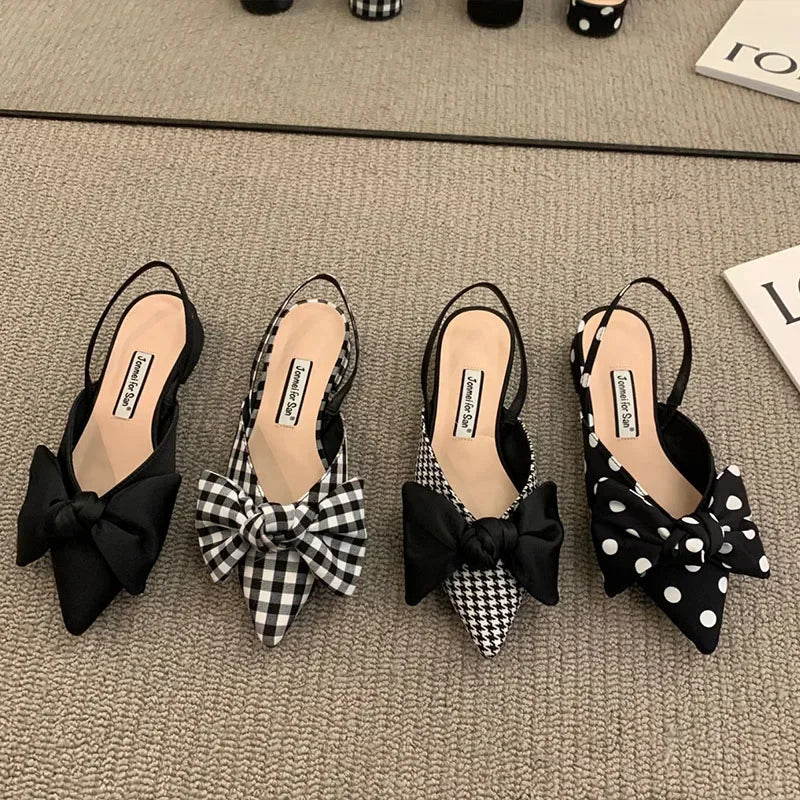 Summer Women's Pumps Fashion Shallow Bowknot Slingbacks Pumps Black and White Plaid Polka Dots Heels Slip-on Low Heels Sandals