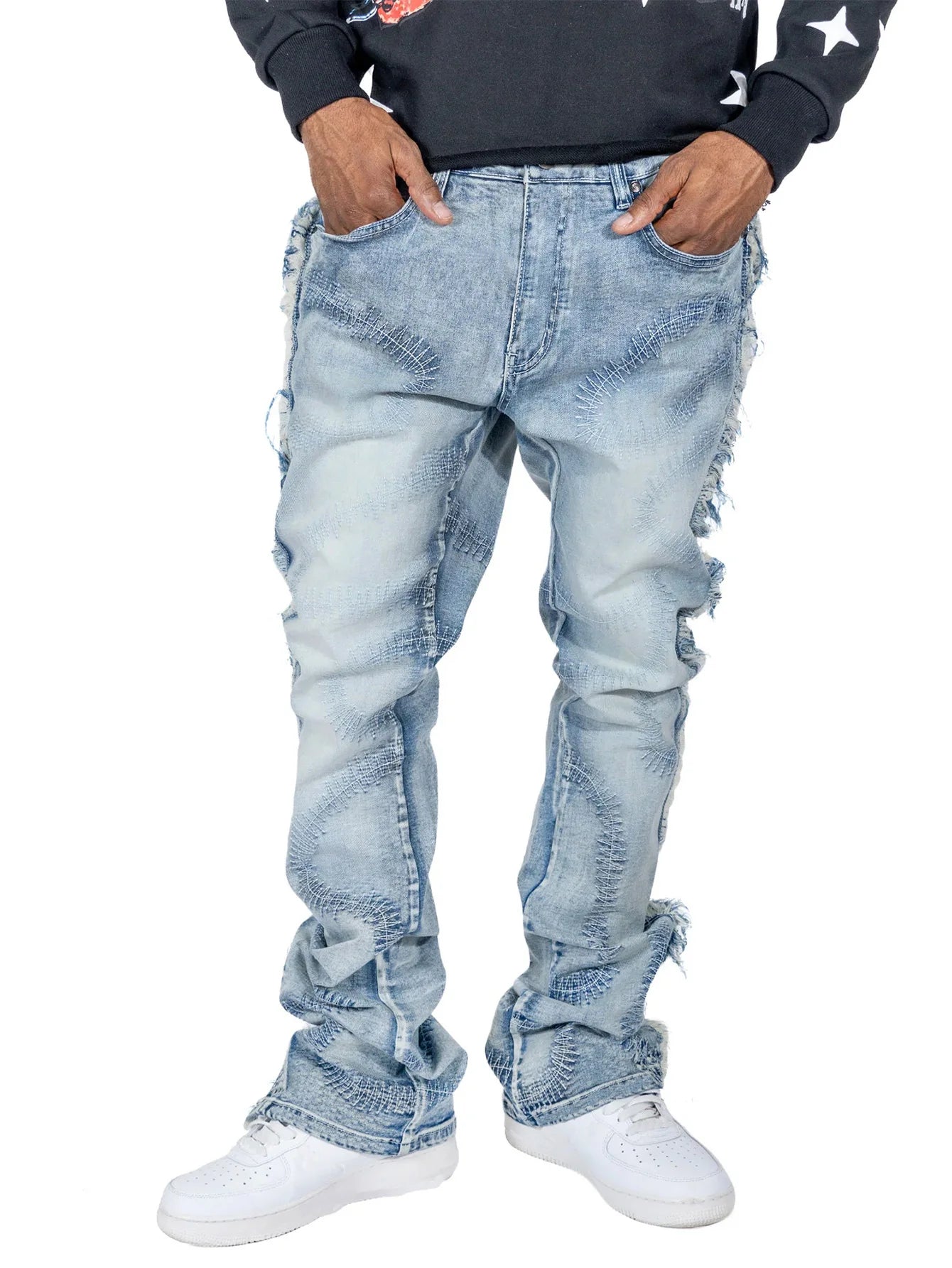 Flare Denim Pants Jeans Men Jean Boot Cut Skinny Solid Spliced Distressed Ankle Length Pant Zipper Fly Flat Washed Vintage