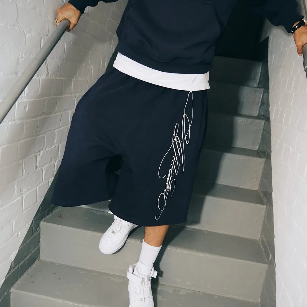 Men's American Retro Hip Hop Embroidered Pentagram Shorts Summer Casual Loose Fit Mid-Trendy Pants