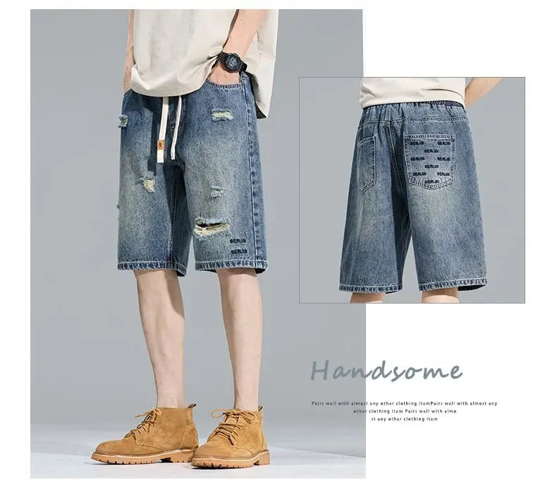Casual Cargo Denim Shorts Men Elastic Waist Straight Comfortable Light Color Soft Short Pants Baggy Wide Bermuda Male Y2k Jeans