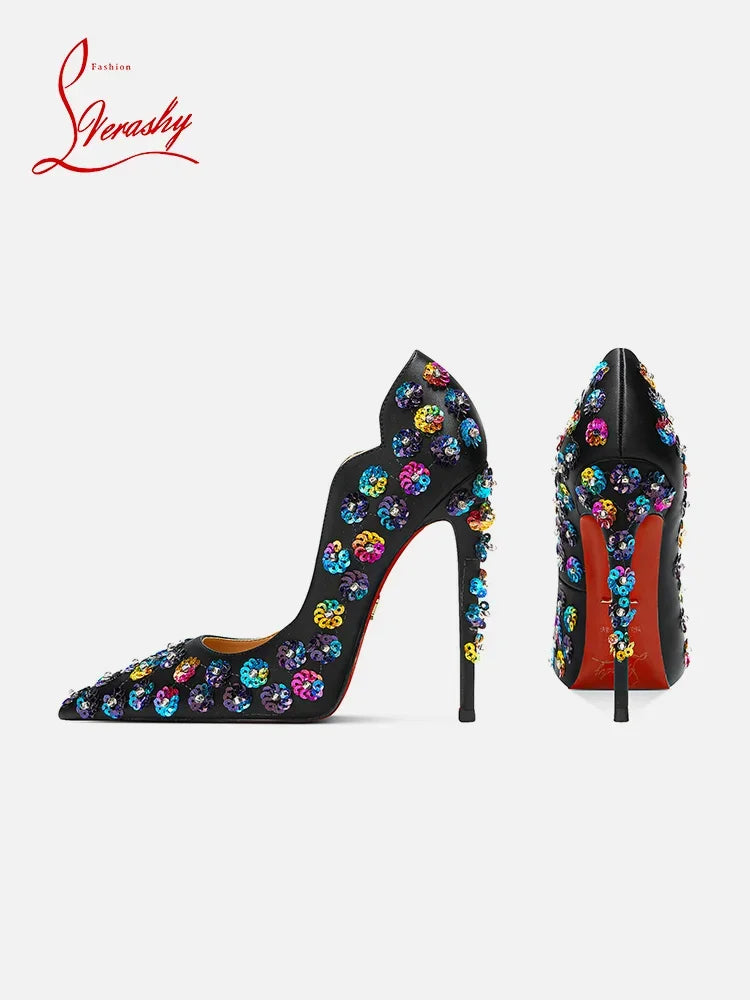 2025 Spring New High Heels Women's Embroidered Beaded Black Sexy Queen's Heel 10-12cm Pointed