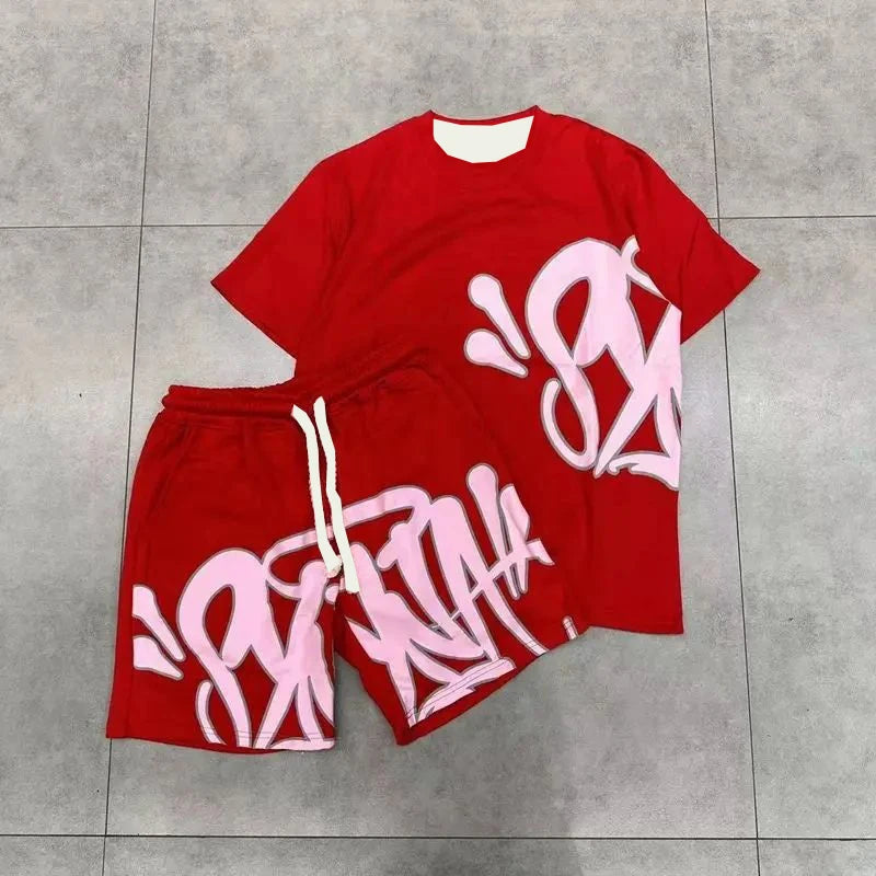 2025 Motorcycle Quick Drying American Men's Suit Oversize Men's T-shirt Shorts Fashion Printing Casual Sports Round